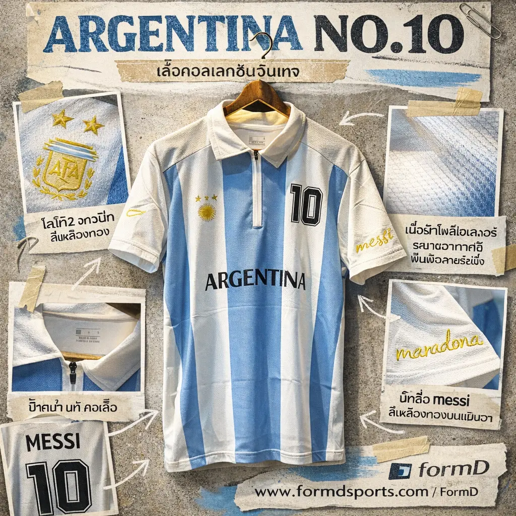 เสื้อกีฬาฟุตบอลทีมชาติ อาเจนติน่า Argentina สีขาวฟ้า คอซิบ ทรง OVERSIZE สำหรับออ
