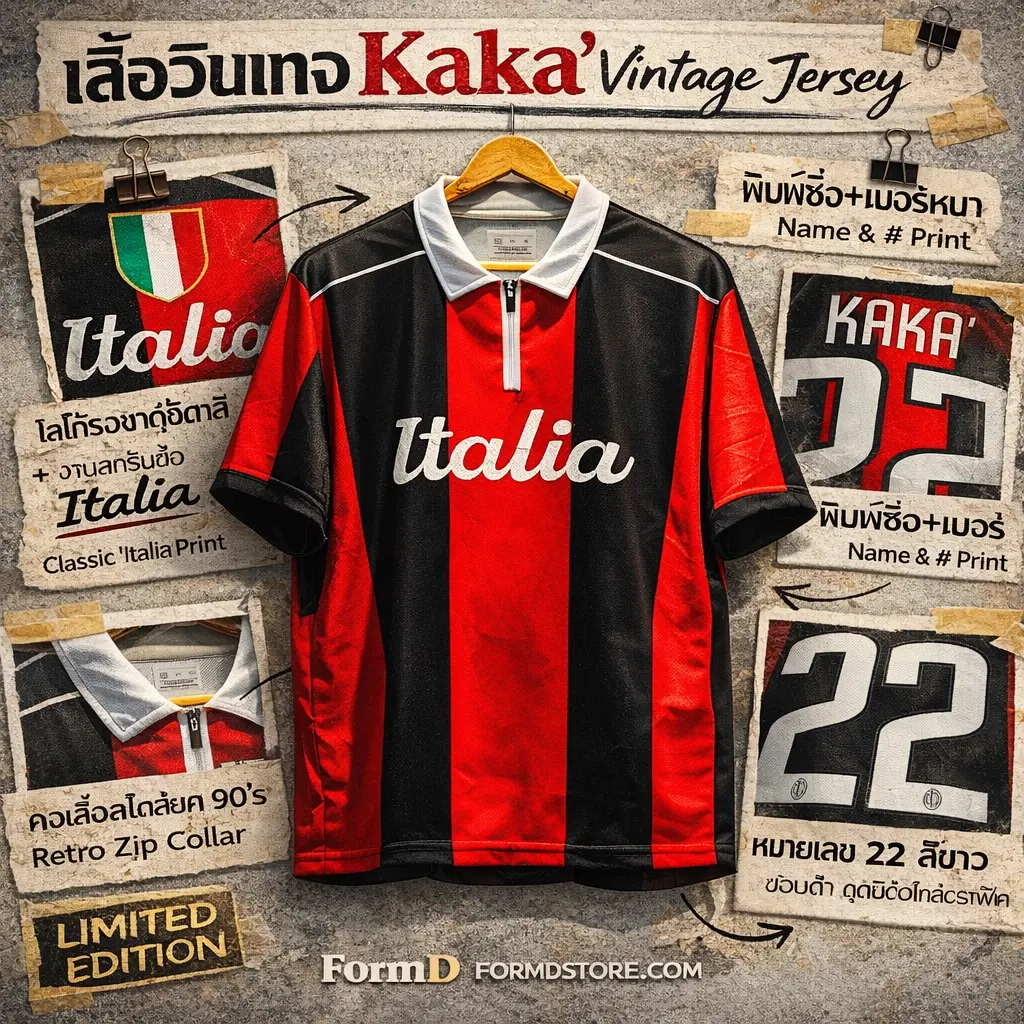 FORM D เสื้อฟุตบอลแฟนคลับ เอซีมิลาน คอปก มีซิบ สไตลด์ย้อนยุค 90 ทรง AC MILAN OVE