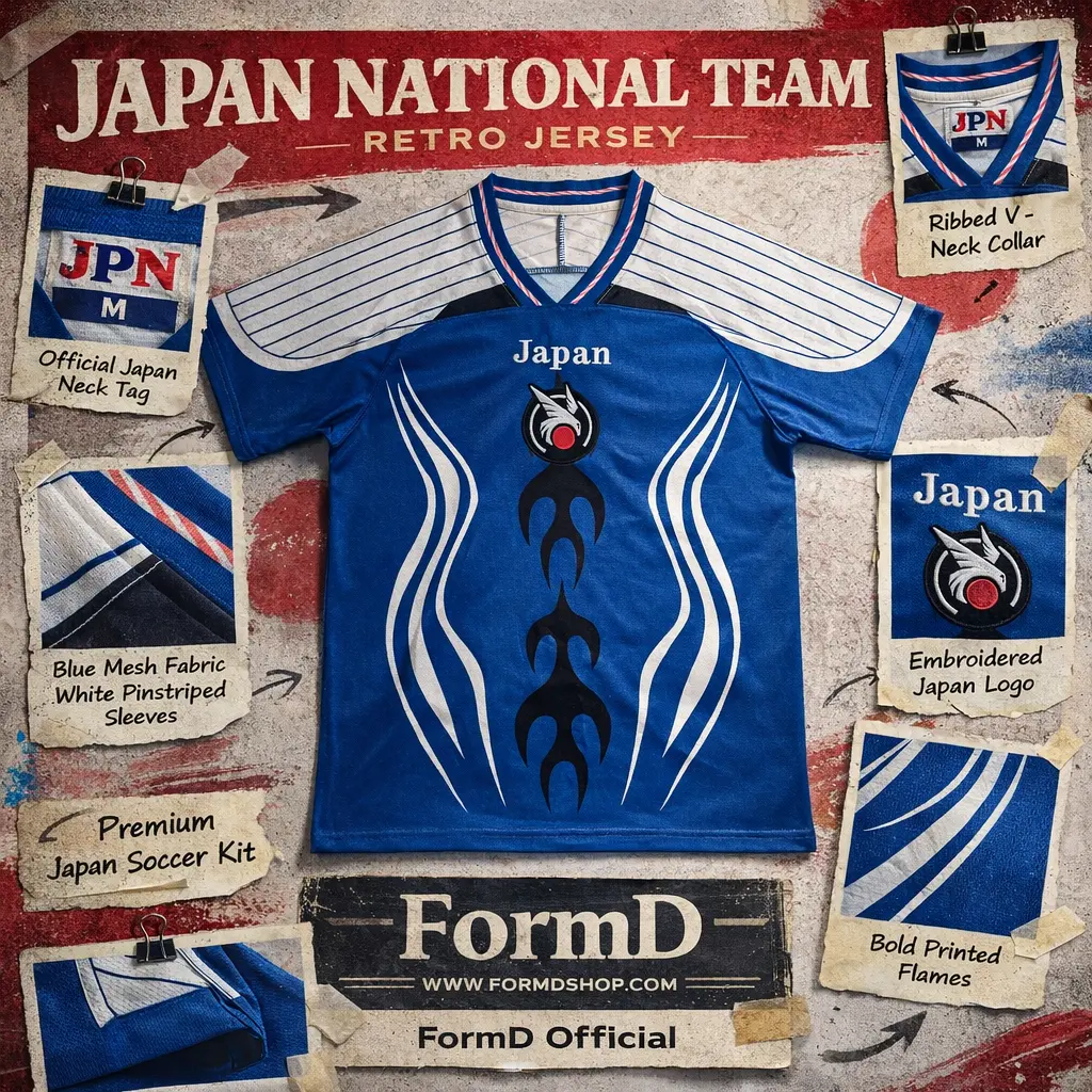 เสื้อฟุตบอลทีมชาติญี่ปุ่น Remake 2026 Retro Jersey สีน้ำเงิน ลายเปลวไฟ คอวีแขนลา